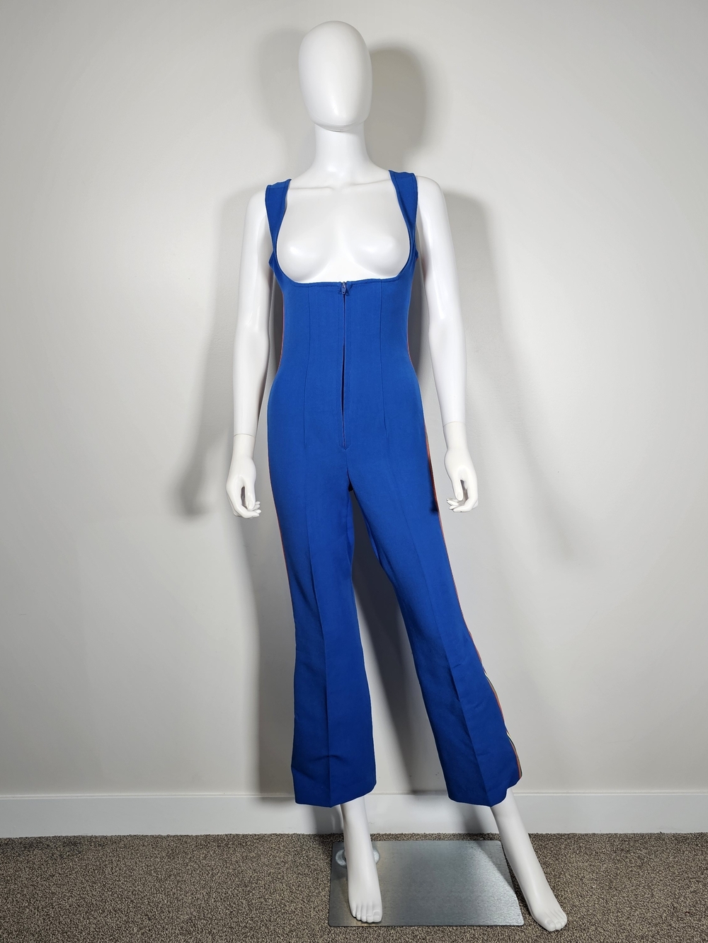 Vintage Roffe Cobalt Blue w/ Rainbow Stripe Ski Bib Pants Sz 10